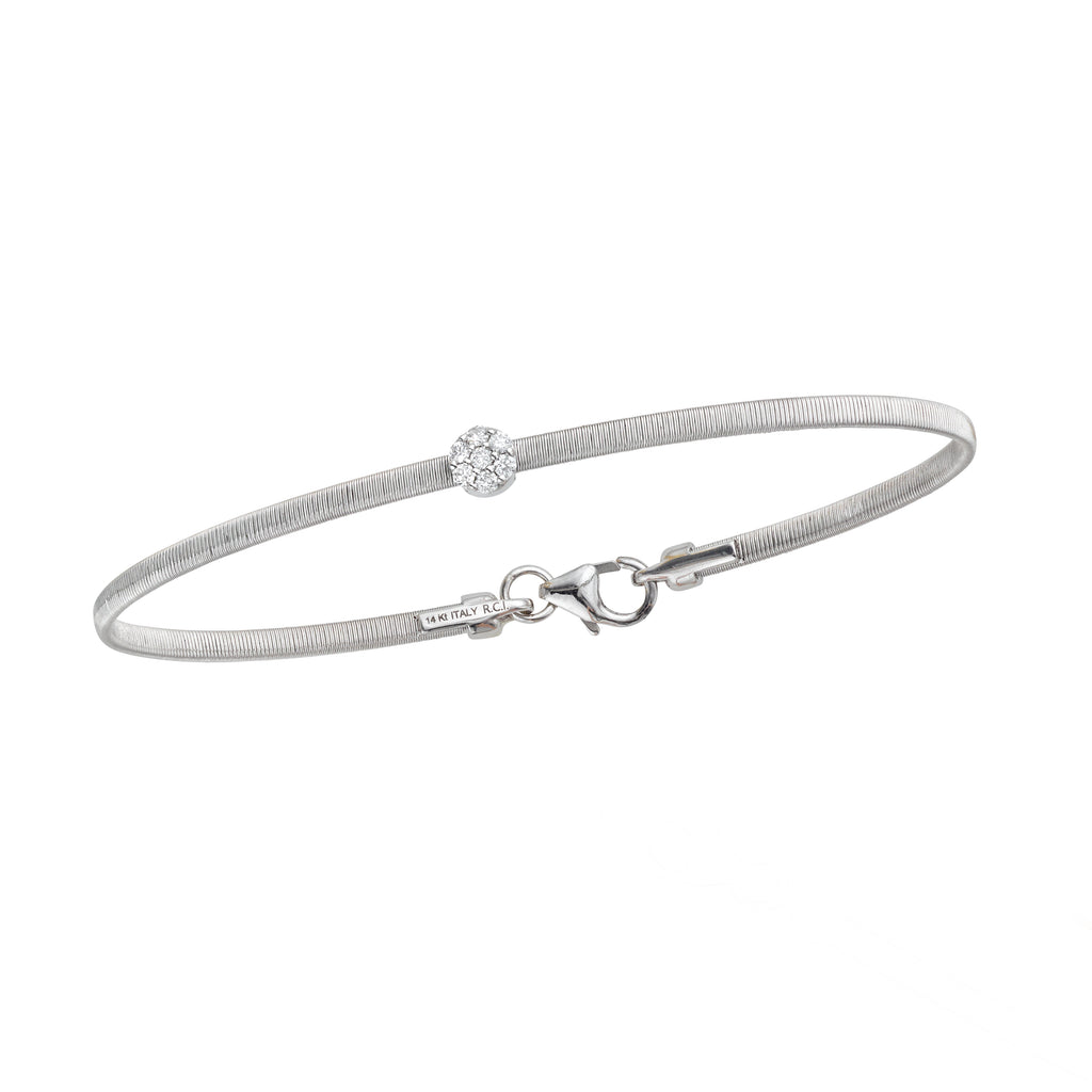 14kt Gold 7 inches White Finish 4.5mm(CE),2.2mm(Ch) Brushed Bangle with Lobster Clasp with 0.1000ct 1.5mm White Diamond