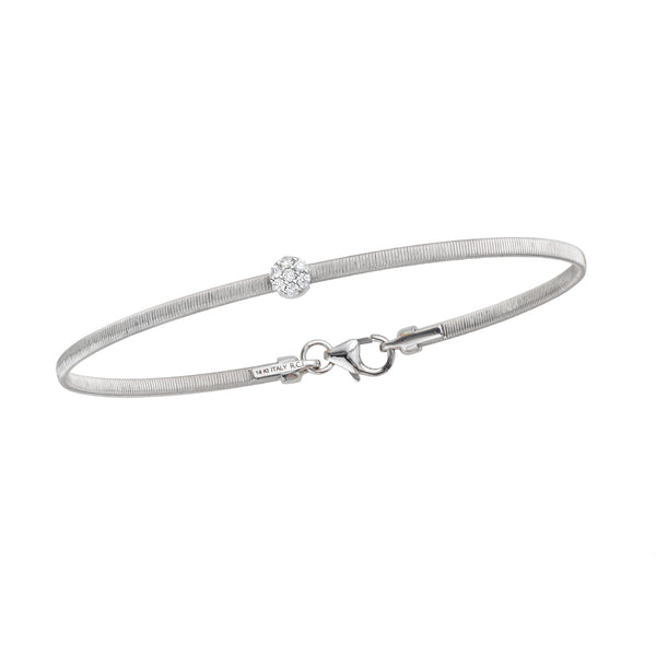 14kt Gold 7 inches White Finish 4.5mm(CE),2.2mm(Ch) Brushed Bangle with Lobster Clasp with 0.1000ct 1.5mm White Diamond