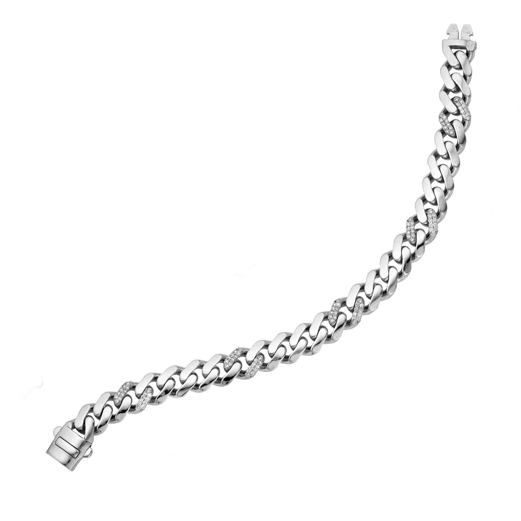 14kt Gold 7 inches White Finish 9.5mm Polished Curb Link Bracelet with Box Clasp with 0.8500ct 1.2mm White Diamond