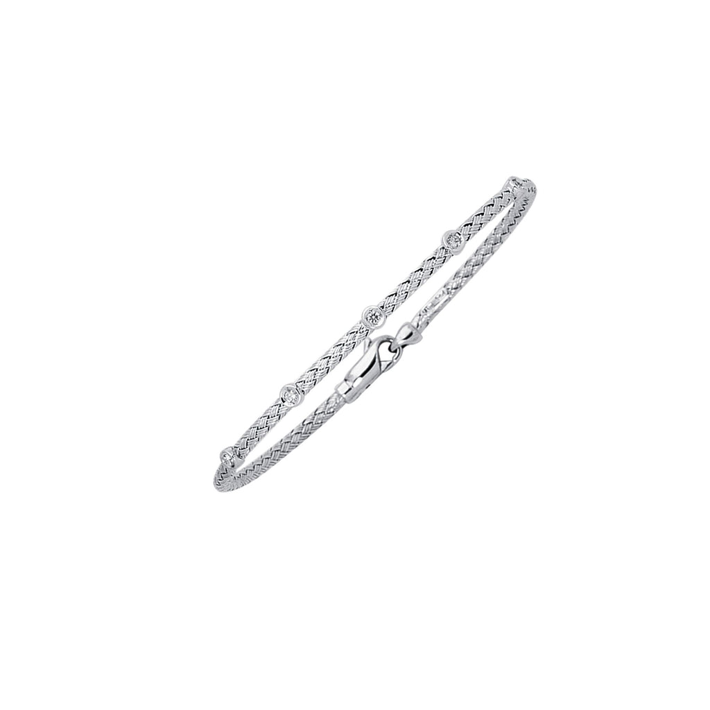 14kt 7.25 inches White Gold Round Basket Weaved Bangle with Lobster Clasp+Barrel with 0.14ct White Diamond