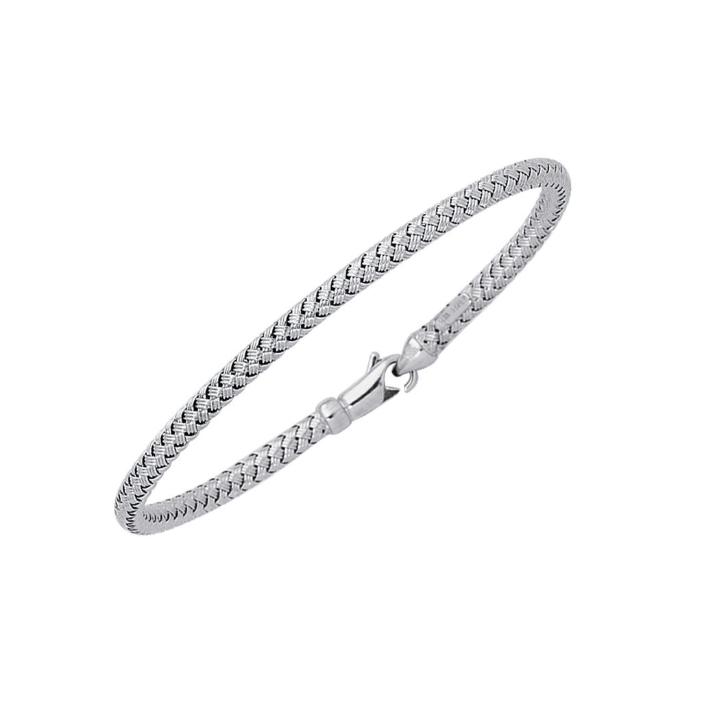 14kt 7.25 inches White Gold Shiny Round Basket Weaved Bangle with Lobster Clasp