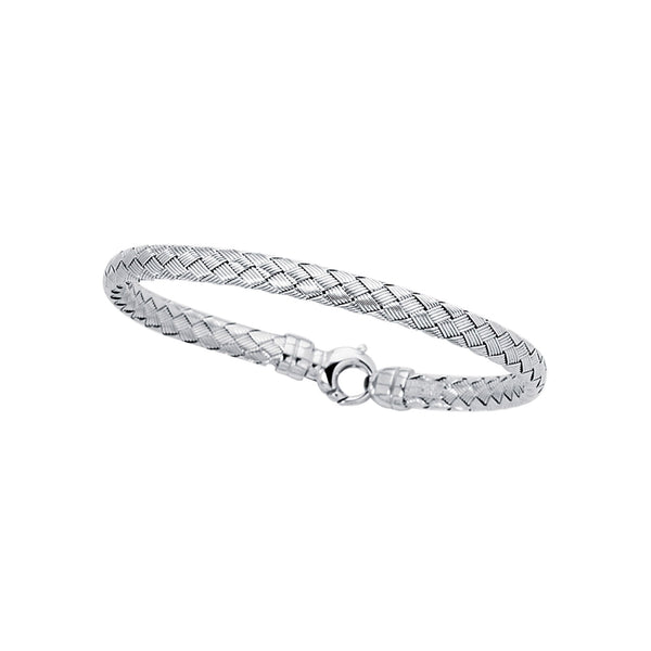 14kt 7.25 inches White Gold Shiny Round Basket Weaved Bangle with Lobster Clasp