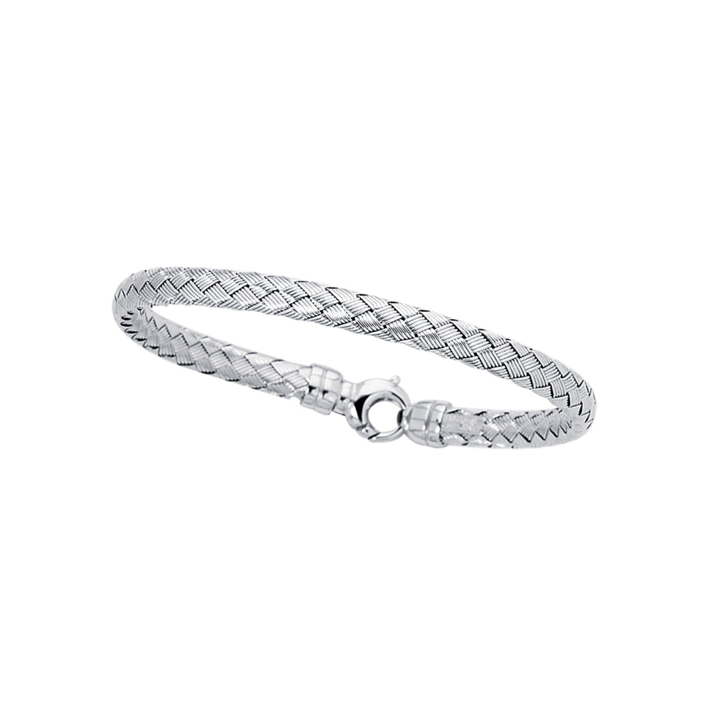 14kt 7.25 inches White Gold Shiny Round Basket Weaved Bangle with Lobster Clasp