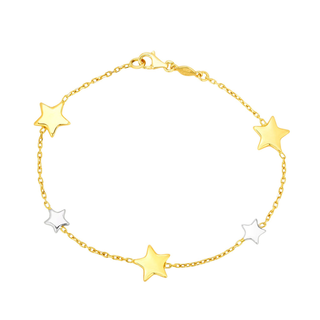 14kt Gold 7.5 inches Yellow+White Rhodium Finish 9.6mm Shiny Star Star Stationed Bracelet with Lobster Clasp