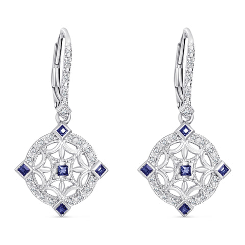Sterling Silver Vintage Style Earrings with Sapphire and Diamond